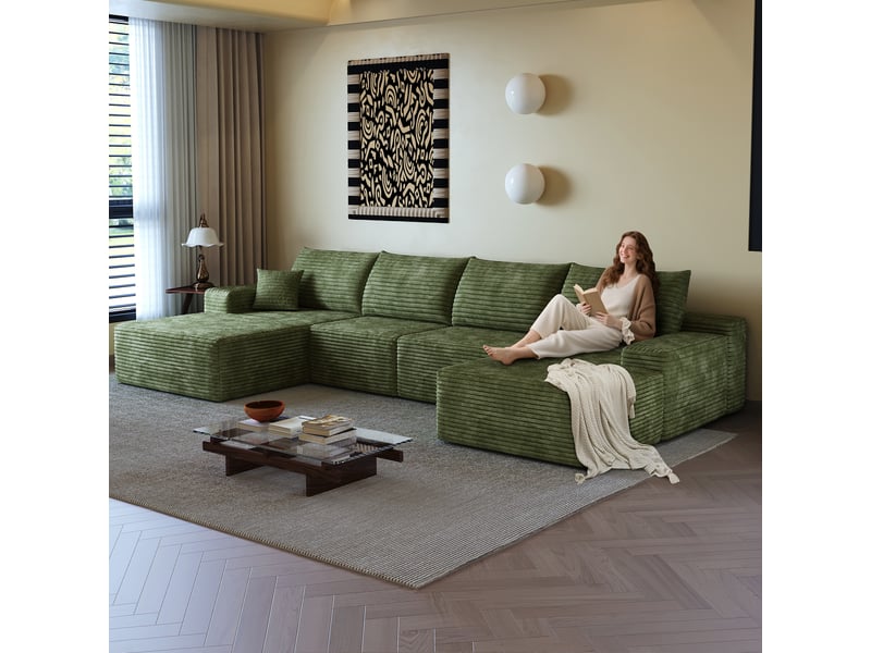  Canapé d'angle, canapé modulable, livré monté, design moderne, 340 cm, pour salon, chambre, appartement, assise profonde, vert  - Conforama A