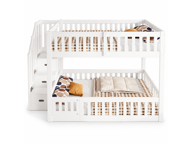  Lit superposé bas 140x200 cm, escalier avec rangements, barrières de sécurité avec portillon, sommier à lattes, pin et mdf, blanc OMNIGLINT TRADING LTD - Conforama A