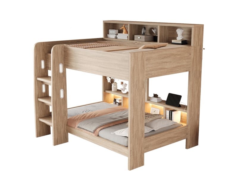  Lit superposé 90 × 200 cm, niches sur 2 niveaux, led, prise intégrée et échelle large, en mdf et contreplaqué, naturel  - Conforama A