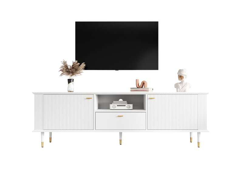 Meuble tv blanc 170 cm en mdf laqué avec portes, tiroir et pieds en métal doré - Conforama A