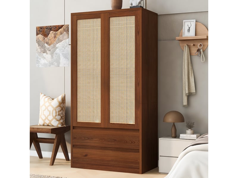  Armoire penderie de chambre 90x50x170 cm - 2 portes - 2 tiroirs - effet rotin - bois et bois reconstitué - bois naturel  - Conforama E