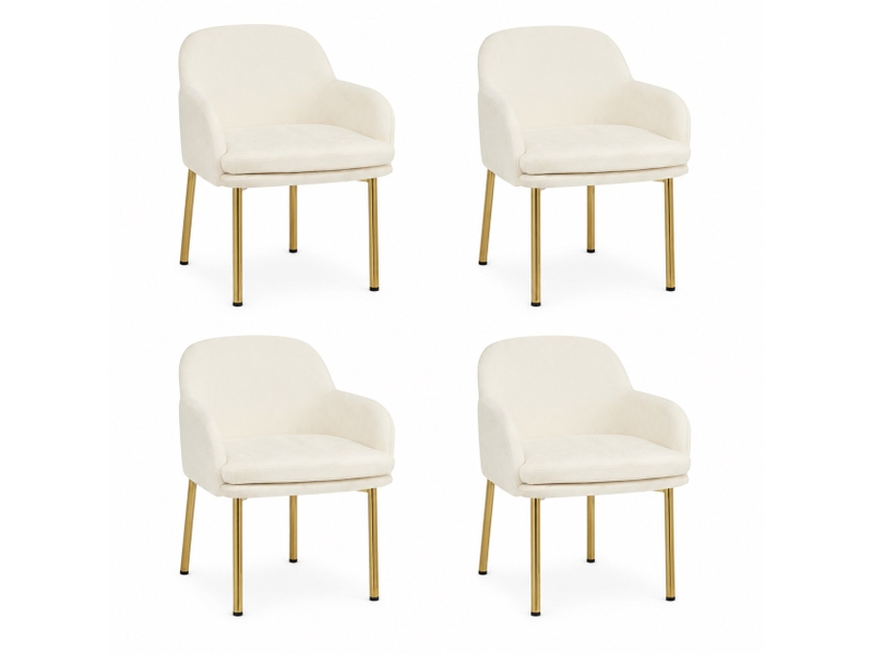  Lot de 4 chaises de salle à manger rembourrées blanches, dossier enveloppant incurvé, pieds métal doré, patins réglables, charge 125 kg  - Conforama A
