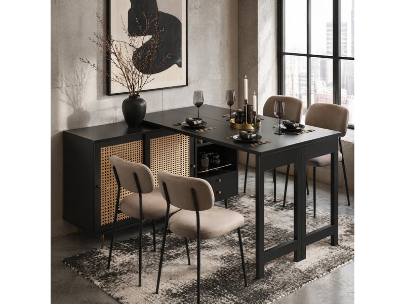  Table de bar pivotante 360° avec plateau extensible et rangement - lpospi - portes en rotin, mdf noir  - Conforama B