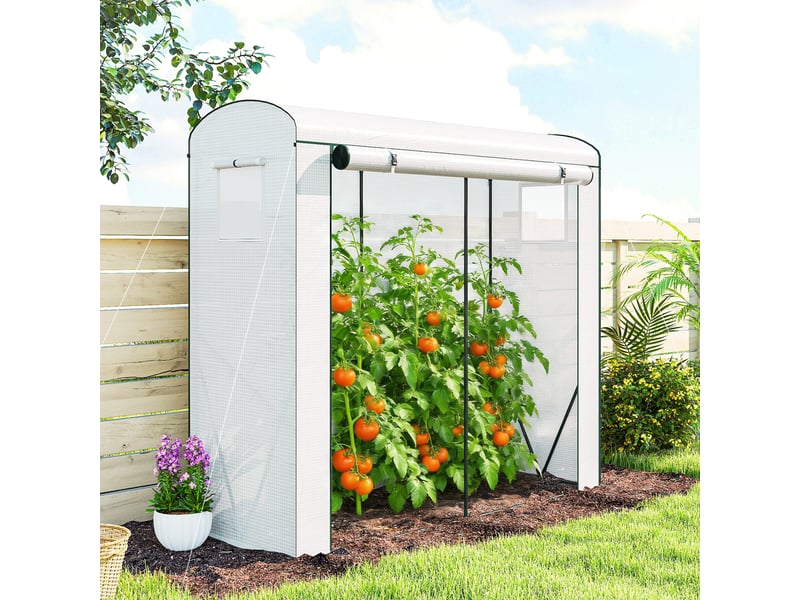  Serre avec fenêtres grillagées et porte enroulable, serre en acier recouverte d'une bâche blanche 200 x 75 x 188 cm  - Conforama D
