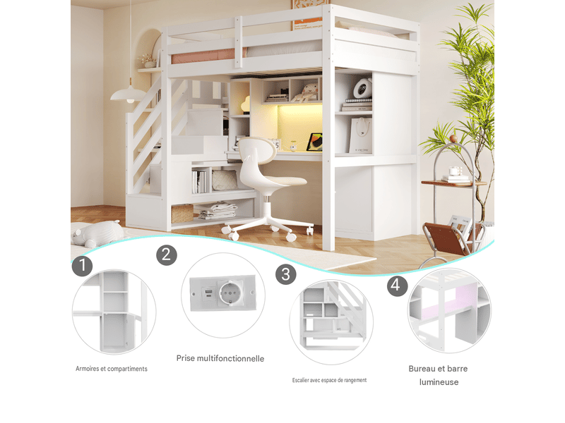  Lit mezzanine enfant 140x200 cm avec bureau, escalier avec rangement, led, prises électriques, étagères, barrières hautes, blanc Radiant Stride - Conforama E