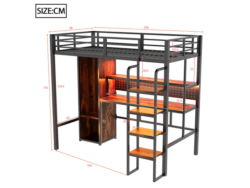  Lit mezzanine 90x200 cm avec échelle, grand bureau, panneau perforé, led, étagères et armoire - caisson - sans matelas  - Conforama C