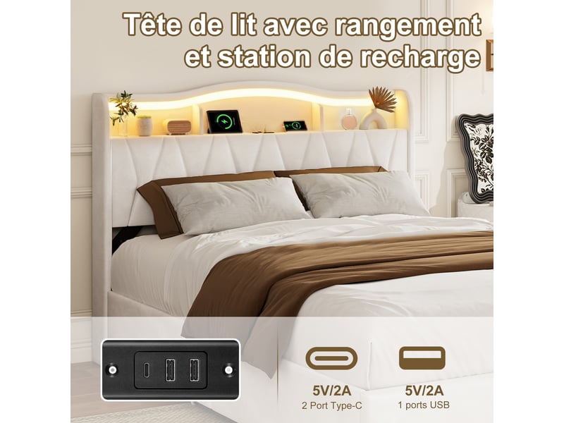  Cadre de lit 140×200 cm velours beige à 4 tiroirs de rangement, tête de lit multifonction étagères + compartiment caché, éclairage rgb tête + pied de lit, ports usb‑c, sommier à lattes inclus  - Conforama D