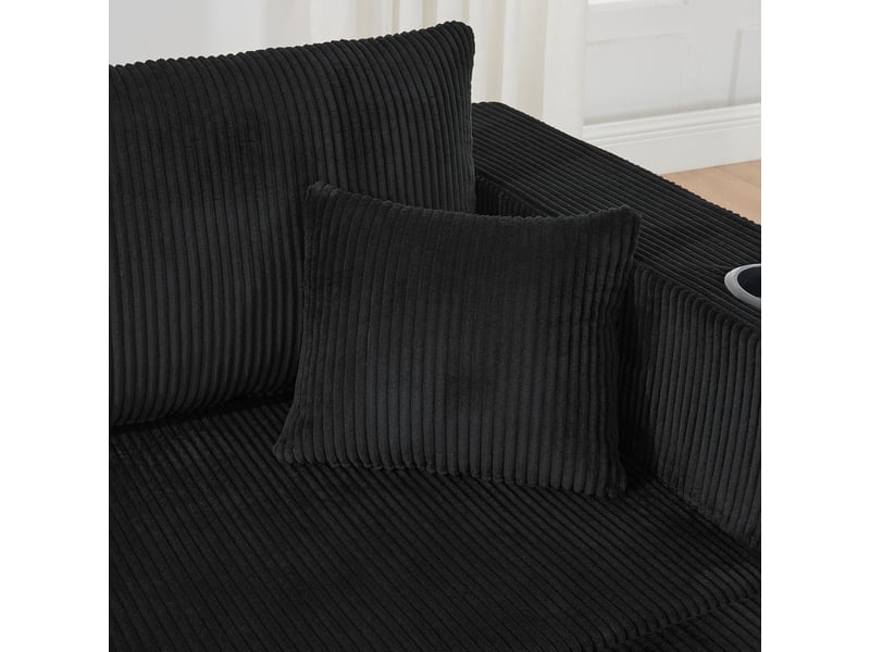 Canapé d'angle modulaire 3 places noir en velours côtelé, 2 ottomanes, porte-gobelets et rangements latéraux - Conforama D