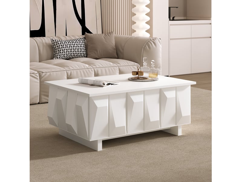 Table basse avec 3 portes et rangement, façades à structure 3d, style moderne pour salon en panneau de particules blanc - Conforama E