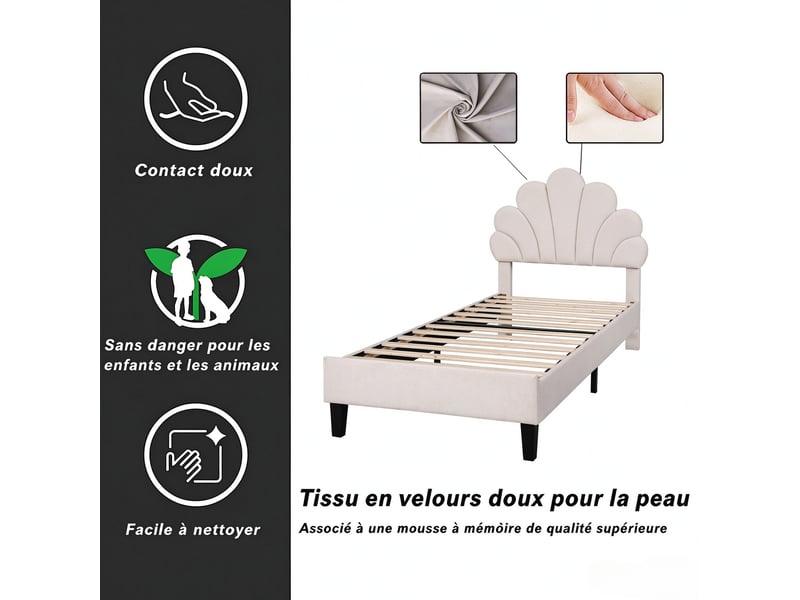 Lit enfant et lit simple 90x200 cm avec tête de lit fleur réglable et sommier à lattes, velours beige, sans matelas - Conforama D