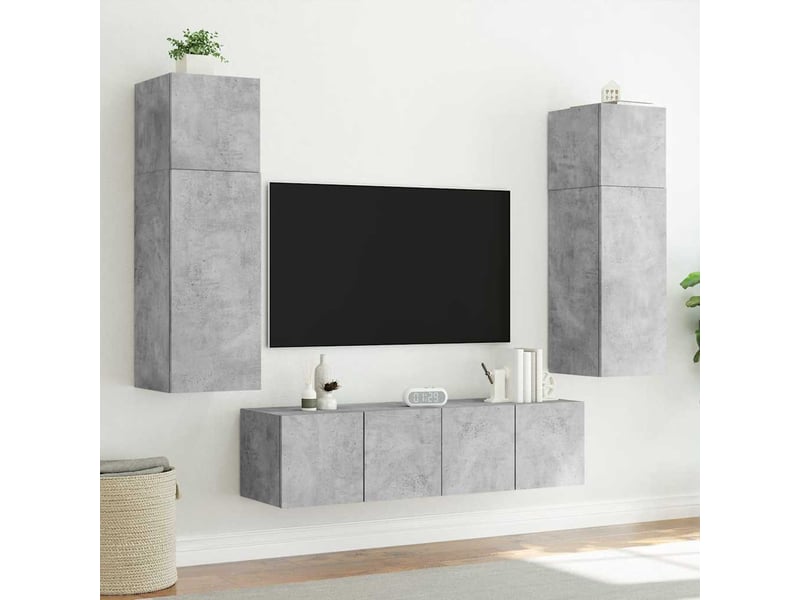 Lot de 2 meuble tv mural avec lumières led gris béton 60x35x41 cm - Conforama E