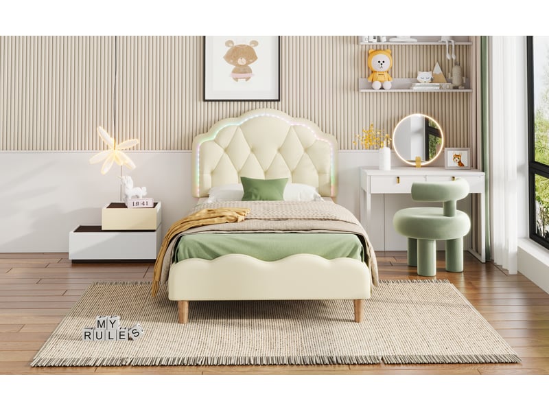 Lit coffre capitonné design ondulé avec led multicolore 90x200 cm beige pu lattes en bois pour enfant Sol Morn - Conforama E