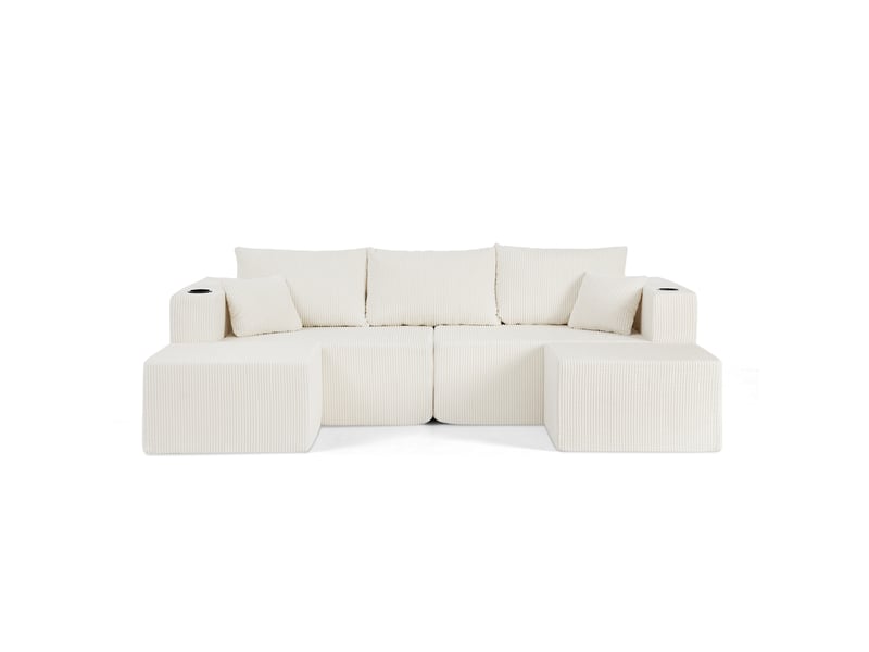 Canapé d'angle 3 places modulaire avec poufs mobiles, porte-gobelets et poches en velours côtelé beige - Conforama A