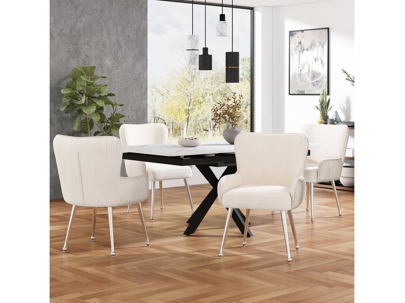  Lot de 4 chaises de salle à manger en velours beige avec accoudoirs et pieds métalliques argentés  - Conforama C