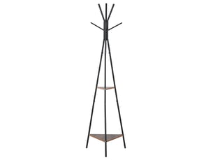 Porte-manteau trépied 6 patères 2 étagères en métal et panneau de particules