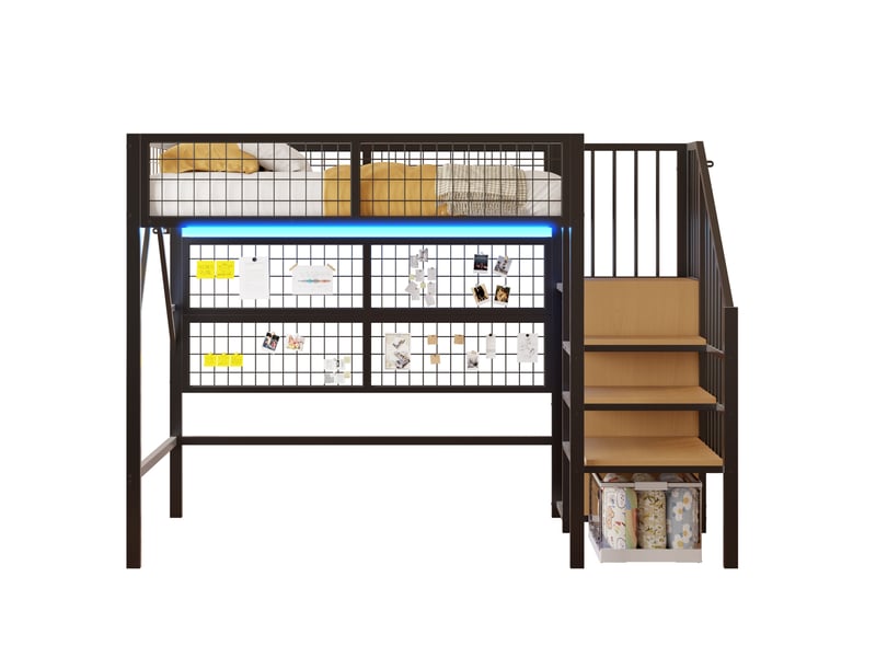  Modenvie lit mezzanine 90x200 cm - escalier avec rangement, led contrôlée par application, sans matelas - noir  - Conforama A