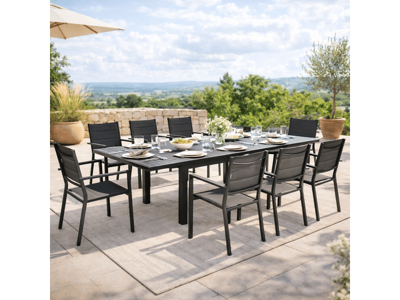  Salon de jardin 8 personnes – table extensible – chaises empilables  - Conforama B