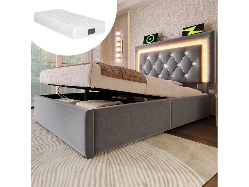  Lit coffre 90x200 cm avec led et chargement usb et type c en velours gris  - Conforama B
