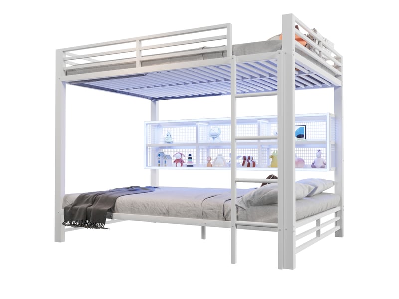 Lit superposé 140 x 200 cm, rangements, led, blanc - Conforama A