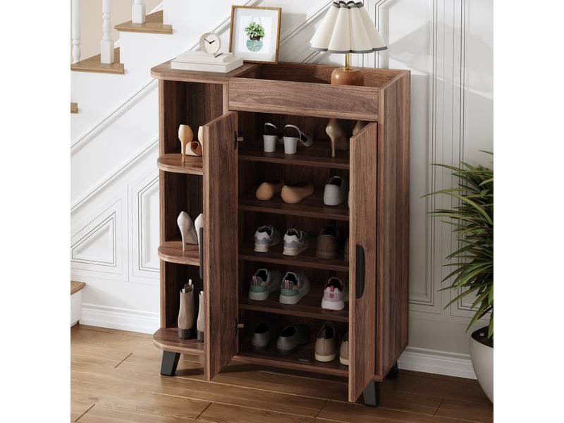  Meuble à chaussures 80x32x99 cm, 2 portes et niches ouvertes, format étroit, rangement gain de place pour entrée et couloir - noyer  - Conforama E