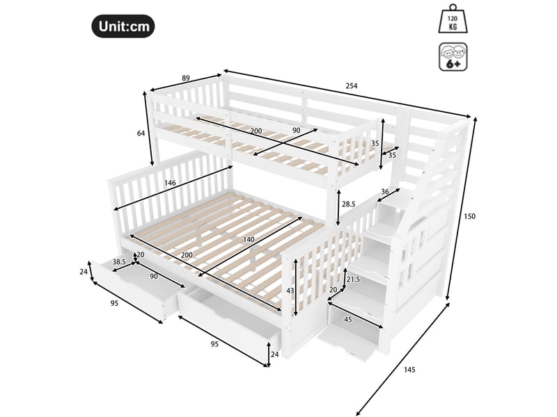  Lit superposé 140x200(90x200) cm coloris blanc pin lit enfant blanc - Conforama C