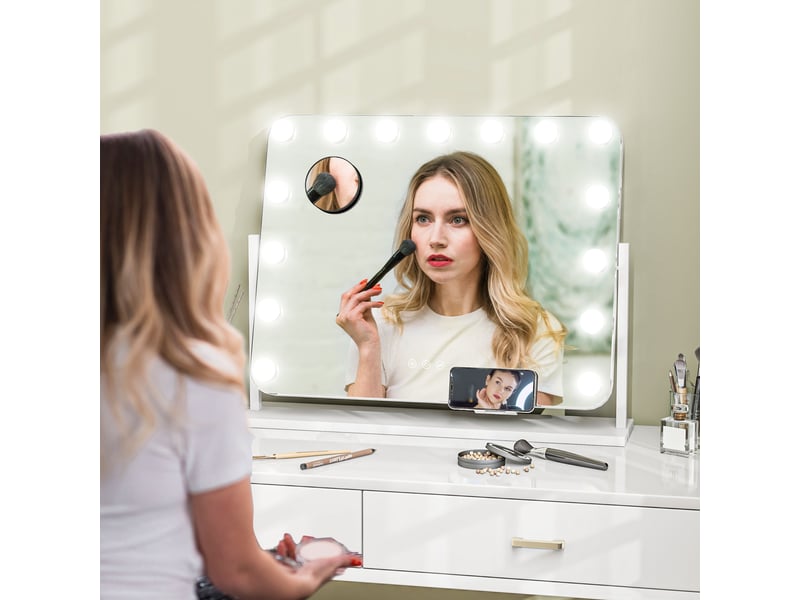  Miroir de maquillage avec 14 led réglables et chargement usb, verre et métal, 62,5 x 14 x 49,5 cm, blanc  - Conforama D