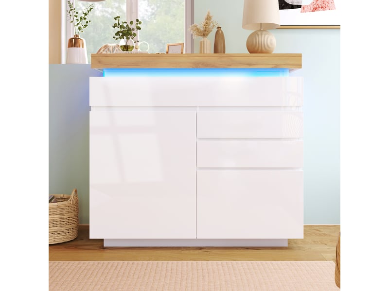  Buffet 110 cm, 2 portes, 3 tiroirs, éclairage led, étagères réglables, façade brillante, mdf, rangement pour séjour ou chambre - blanc C-DEGAYUN - Conforama B