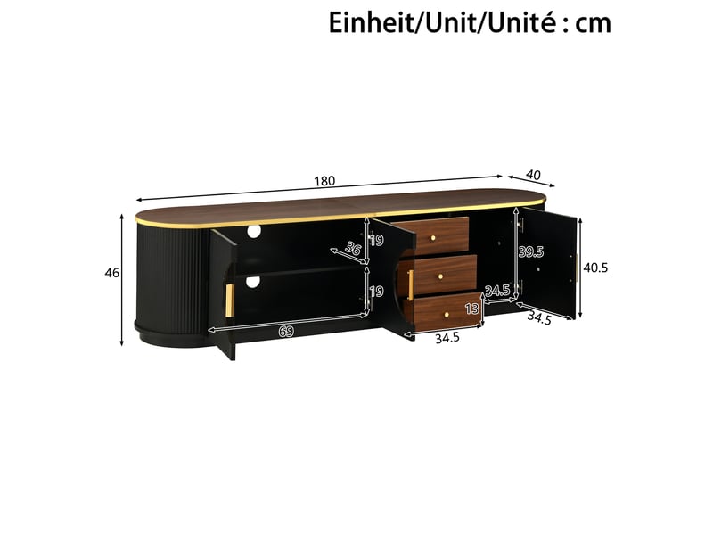  Meuble tv 180x40x46 cm en mdf avec 3 tiroirs et 3 portes noir chicfurn  - Conforama C