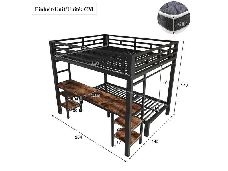  Lit superposé 3 places 140 × 200 cm et 90 × 200 cm avec bureau, penderie et usb, sans matelas, noir  - Conforama D