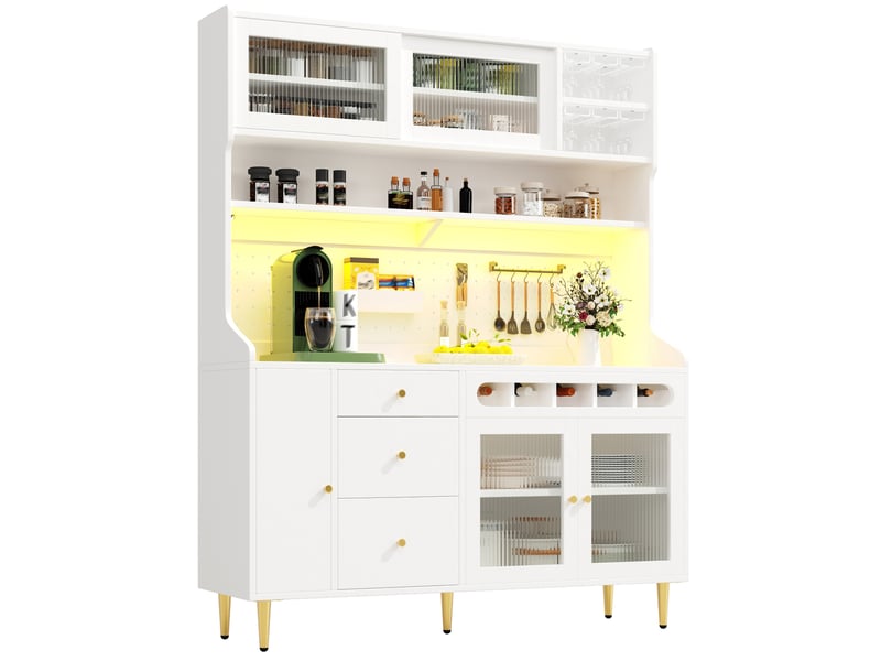  Vaisselier haut 145x39x171 cm – blanc – éclairage led connecté, rangements ajustables, tiroirs et range-bouteilles  - Conforama A