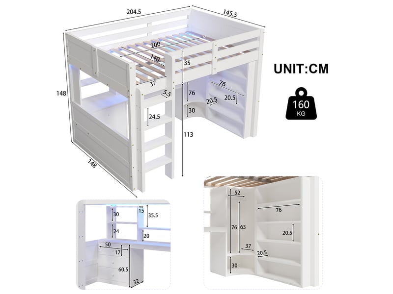 Lit mezzanine 140 x 200 cm, led, armoire, bureau, tiroirs, rangements, blanc, sans matelas - Conforama E