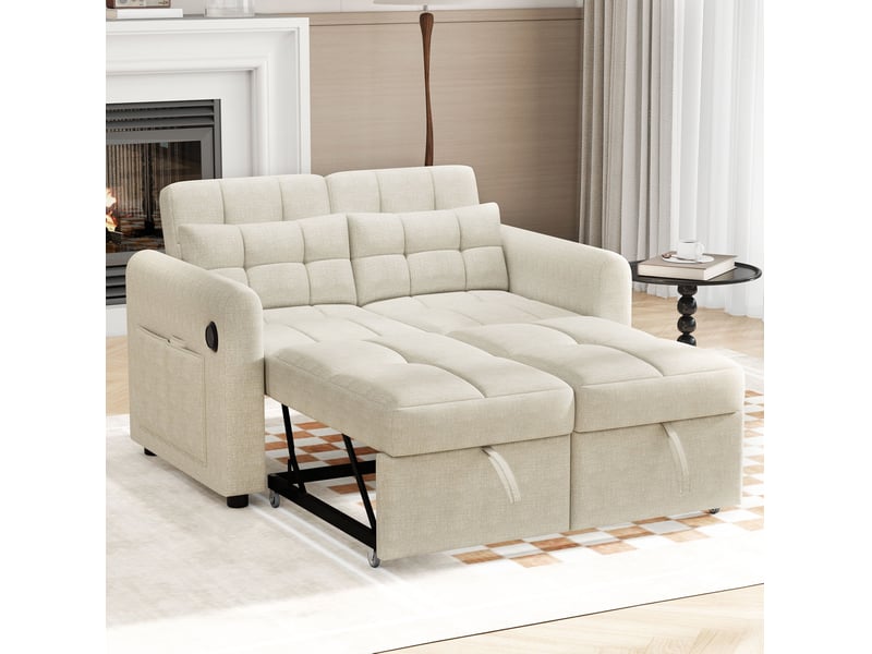 Canapé droit convertible 2 places beige en tissu, dossier réglable et ports usb, idéal pour les petits espaces - Conforama B