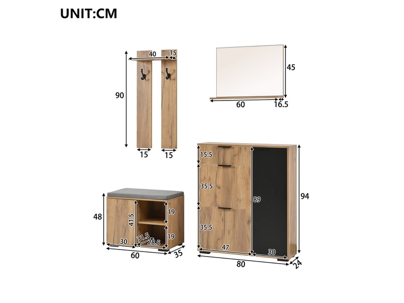  Meubles d’entrée avec banc à chaussures, miroir, 4 portes, 1 tiroir et 2 crochets, pour couloir, 140×35×139 cm  - Conforama D
