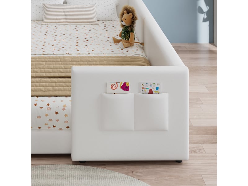  Lit pour enfant rembourré 90x200 cm - avec 2 sacs de rangement - style minimaliste moderne - pu + contreplaqué - blanc (sans matelas)  - Conforama R