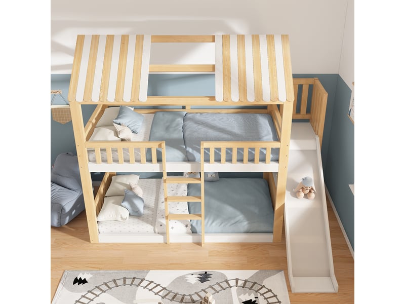 Lit superposé enfant 90x200 cm - design cabane - étagère intégrée - échelle et toboggan - pin et mdf - blanc et naturel - Conforama W