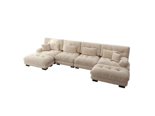 Canapé d’angle modulable 4 places en chenille light coffee avec ottomans mobiles