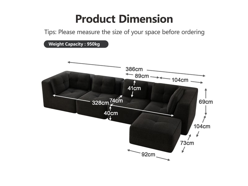  Canapé modulable confortable assise profonde coussins moelleux revêtement en velours côtelé sans montage antidérapant sans structure  - Conforama C