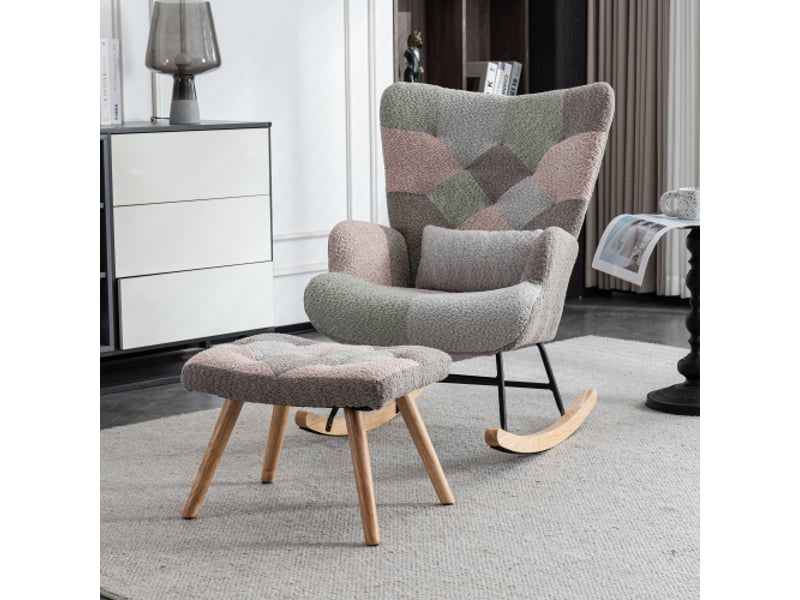  Fauteuil à bascule coloré 93cm haut avec repose-pieds (49x38x37cm) et 1 coussin lombaire,cadre robuste en bois d'hévéa,chaise longue  - Conforama B