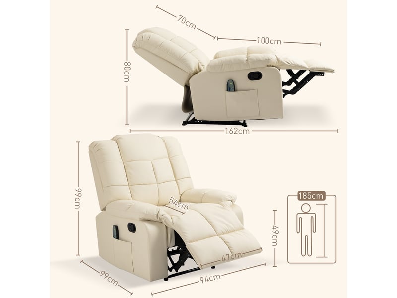  Fauteuil relax massant inclinable,94x99x99 cm,avec repose-pieds,similicuir,crème  - Conforama C