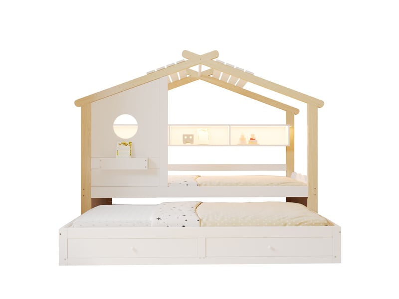  Lit enfant cabane avec lit gigogne, tiroirs, led et ports usb et type-c, en bois blanc et naturel  - Conforama A
