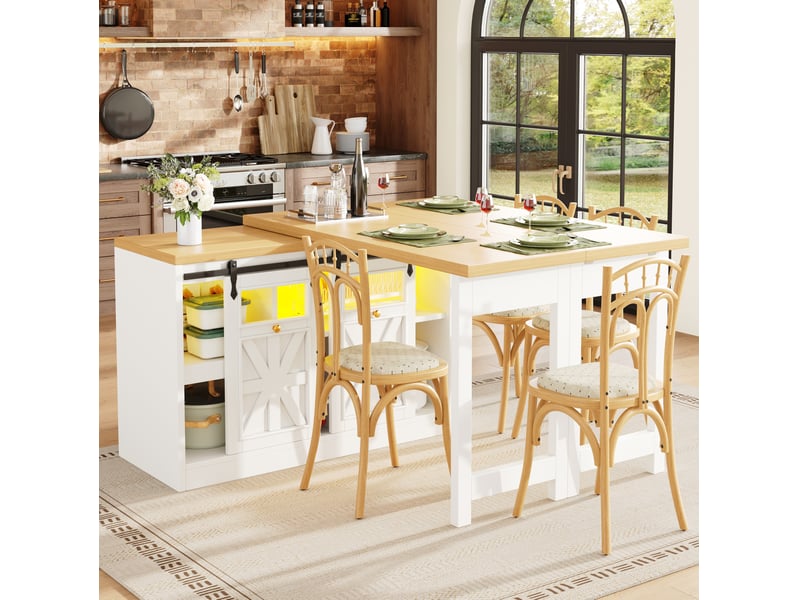  Buffet de cuisine avec table extensible pivotante à 360° et éclairage led, 2 portes, pour salle à manger, blanc mdf  - Conforama B