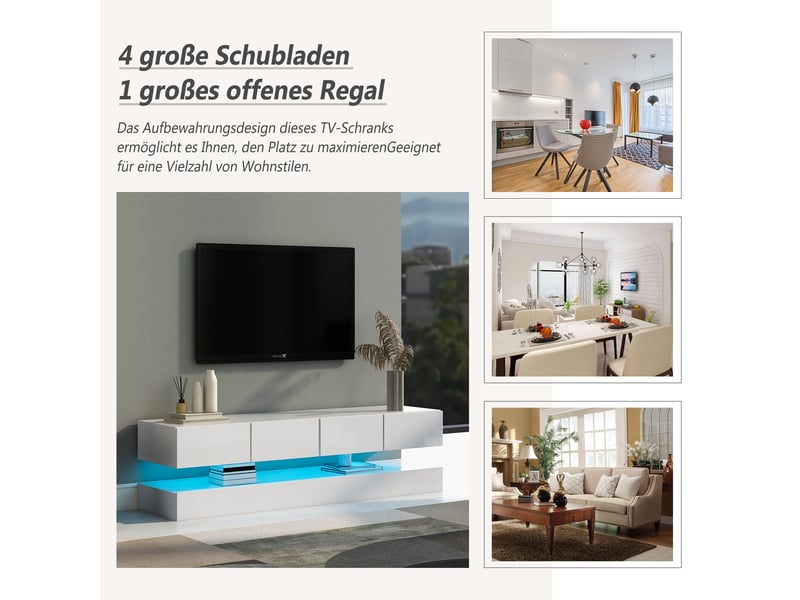  Meuble tv mural avec 2 portes et 4 tiroirs, led contrôlée par application, pour salon, mdf, blanc  - Conforama D
