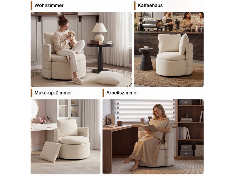 Fauteuil 78,5x73x83 cm, pivotant 360°, avec rangement intégré, fauteuil lounge, coussin, pour salon, chenille ivoire  - Conforama D