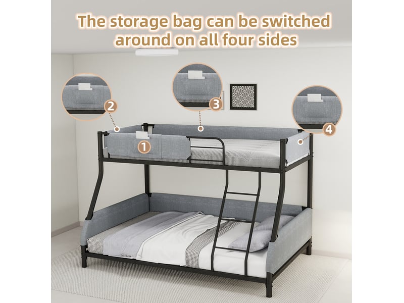  Lit superposé 90x190 cm haut 140x190 cm bas, poche amovible, échelle, fer et lin, noir et gris, sans matelas  - Conforama E