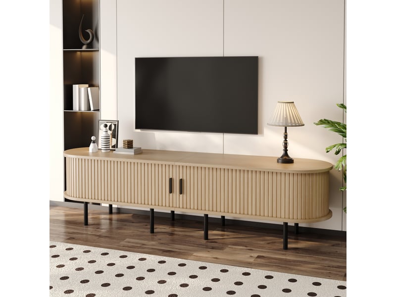  Meuble tv vintage chêne 170 cm à portes coulissantes et 2 niches ouvertes, meuble tv aspect bois à pieds métalliques et coins arrondis, pour salon Bubbly - Conforama B
