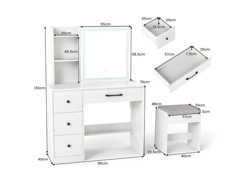 Coiffeuse avec miroir et tabouret 96 x 40 x 135 cm rangement optimisé ambiance moderne en bois manufacturé blanc 20_0018755  - Conforama A