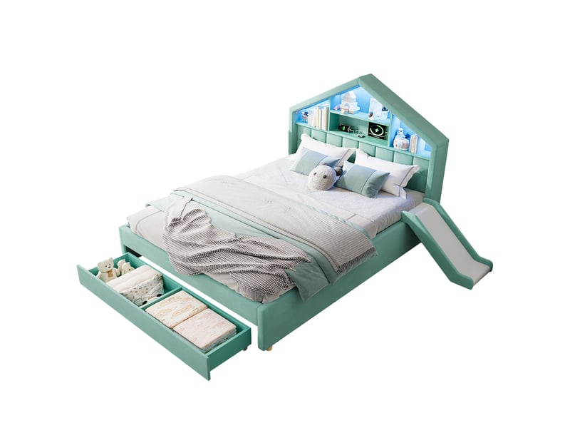  Lit cabane enfant bleu et vert 140 × 200 cm en velours, avec rangement intégré, port usb, structure rembourrée  - Conforama A