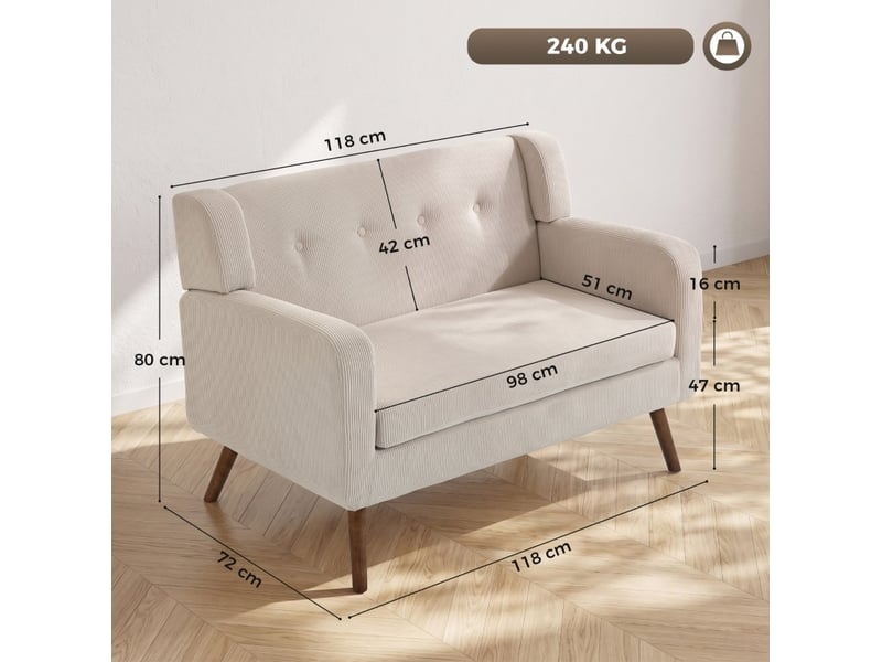  Canapé droit fixe 2 places en velours côtelé beige 118 cm, confort compact pour petits espaces au quotidien  - Conforama C