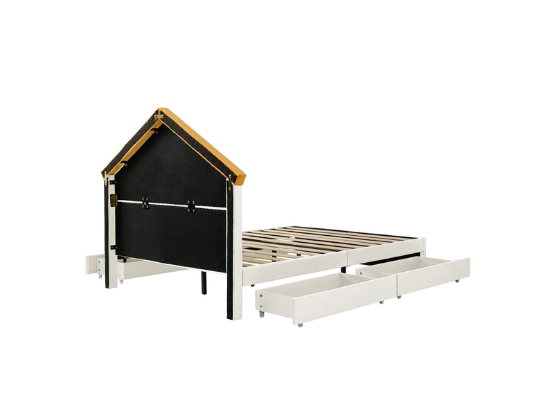  Lit cabane enfant rembourré 140×200 cm avec 4 tiroirs, velours beige  - Conforama D