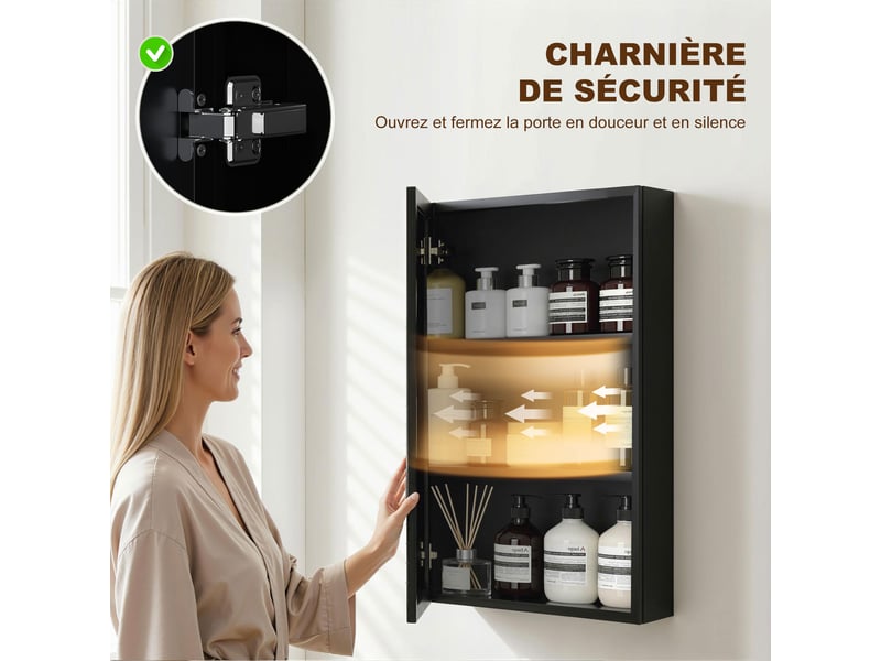 Armoire miroir de salle de bain armoire murale armoire à glace avec 1 porte et 2 étagères en acier noir 40 x 12 x 60 cm  - Conforama R
